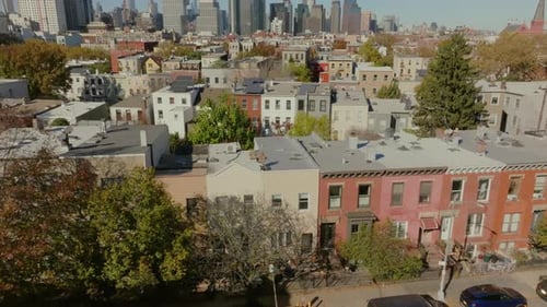 Aerial Views Highlight a Lively Neighborhood in Brooklyn New York City Showcasing Red Brick