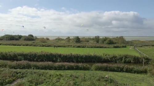 Aerial view of people doing kite surfing along the beach sunny day, Netherlands