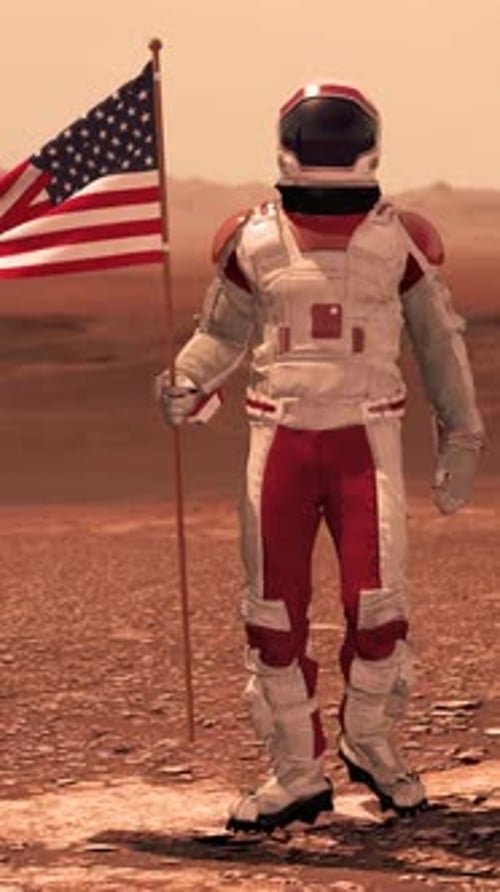 Futuristic Astronaut Plants US Flag on Red Planet
