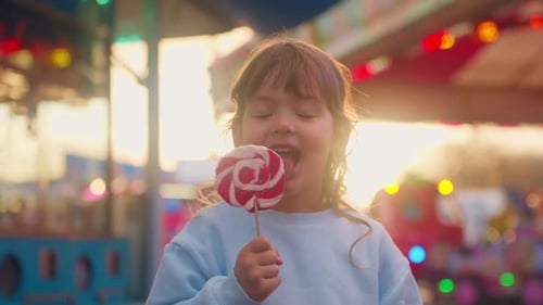 A Little Cute Girl Eat Candy at a Amusement Park Against the Backdrop of Colorful Lights Children's