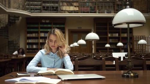 Student Studies in Library at a Quiet Table During the Day Surrounded By Books and Warm Lighting