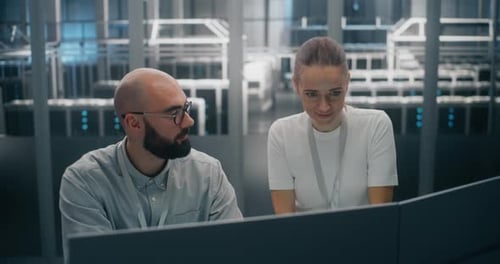 Data Center Team Work at Computer Servers