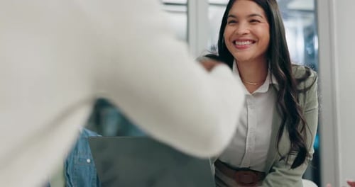 Handshake, meeting and business people with applause for congratulations, welcome or promotion