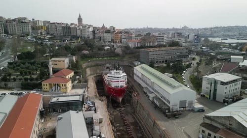 Big boat during construction at a shipyard in Istanbul