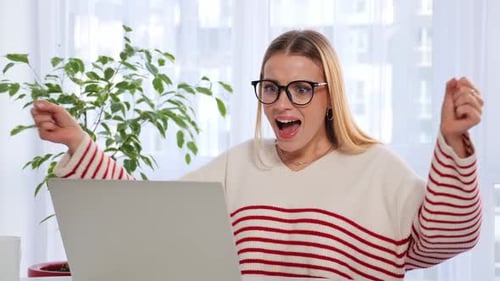 Joyful Happy Business Woman Girl Winner Lucky Enjoys Victory Win Success Game