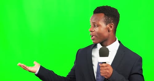 Green screen, black man reporter with microphone and product placement for breaking news broadcast