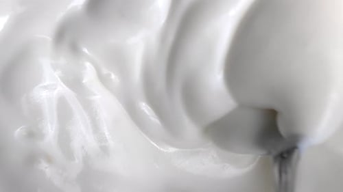 Fresh Dairy Yogurt Smoothie Mixing By Metallic Spoon Cooking Breakfast Brunch Dessert Food Closeup