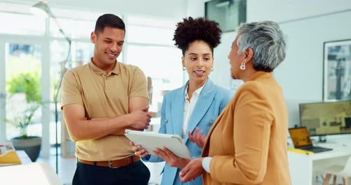 Digital tablet, business meeting and collaboration in office of a professional architectural