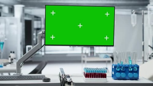 Green Screen Computer with Test Tubes in Lab