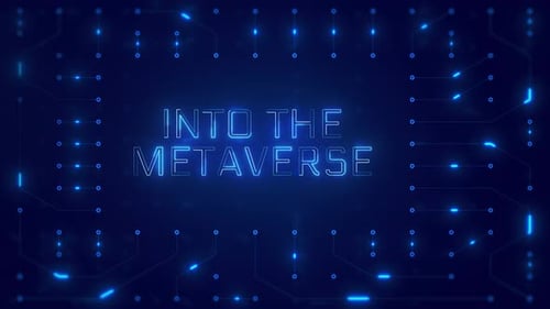 INTO THE METAVERSE Word Text with neon circuit board design or computer semiconductor design