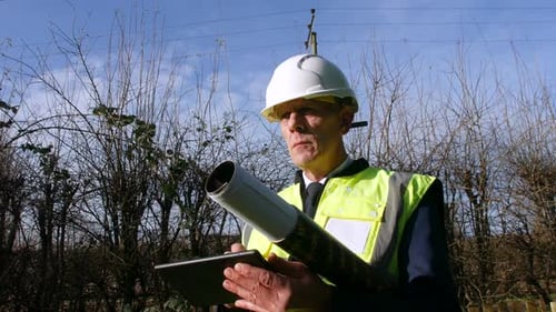 Low angle portrait of a concentrating architect building inspector inspecting a construction site wi