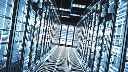 Network And Data Servers Behind Glass Panels In A Server Room Of A Data Center Or Isp. Backward D...