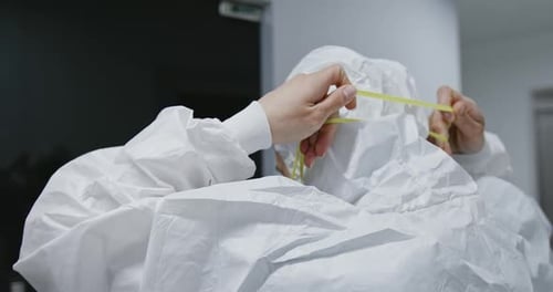 Close Up of a Female Nurse Putting on a Respirator N95 Mask to Protect From Airborne Respiratory