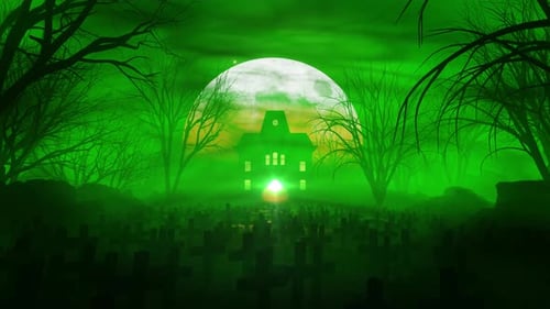 Haunted House Graveyard Green Fog Full Moon Halloween Background