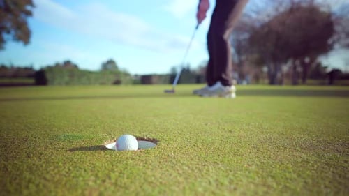 Succesful putting shot by golfer on the putting-green of a golf course on a sunny day, close-up on t