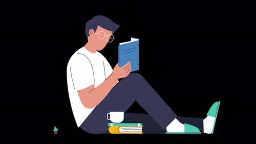 Animated Man Reading Book in Flat Design Style