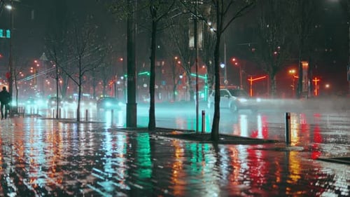 The Flow of Cars on Wet Asphalt on the Roads of the Night City