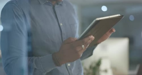 Tablet, business and hands of black man in office for web design ideas, internet and browse website