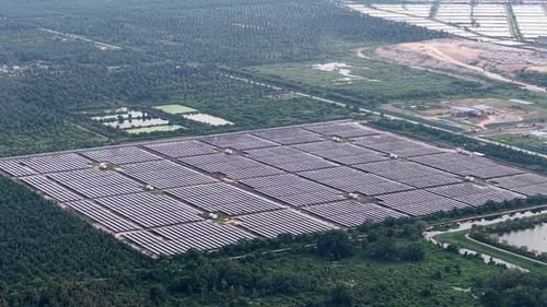 Aerial View of Outdoor Solar Panel Farm Installation