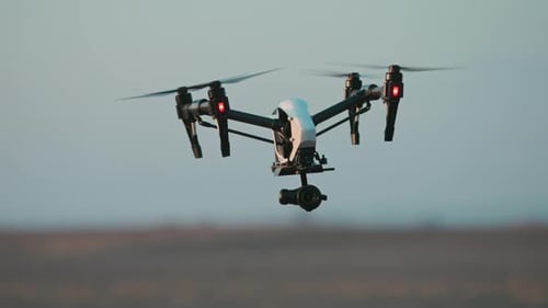 Agriculture New Technology Smart Flying Drone Quadcopter Analyzing Field Scanning Harvest Territory