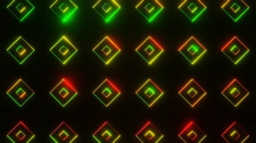 Red And Yellow And Green On Black Abstract Neon Glowing Square Patterns Background Vj Loop in 4K