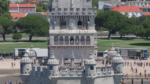 Aerial Close Up View of the Tower of Belem in Lisbon Portugal