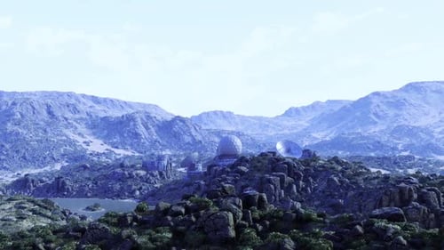 Ancient Hilltop Stronghold Over Misty Landscape Under Clear Blue Sky