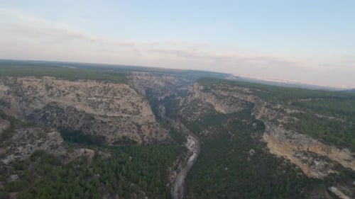 Drone survole l'immense canyon avec des forêts au sommet des falaises