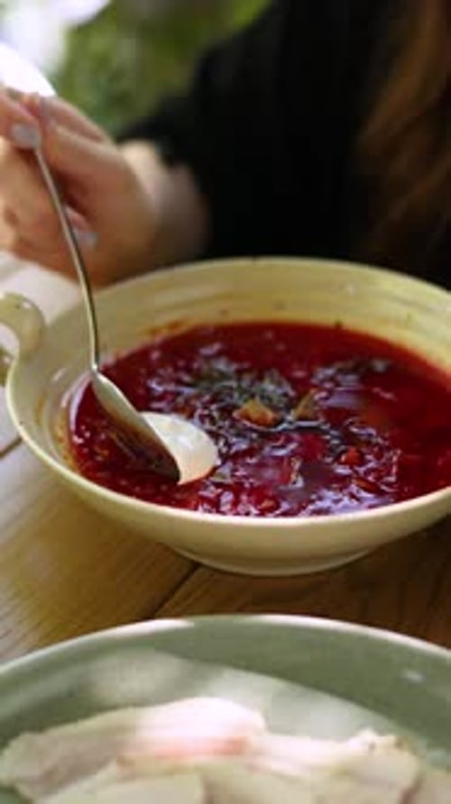 traditional Ukrainian borsch on the terrace
