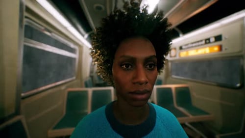 3D Animated Person in Subway Train Looking at Camera