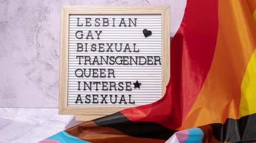 Увеличьте масштаб рамки описания LGBTQIA на радужном флаге LGBTQIA, изготовленном из шелкового материала LESBIAN GAY