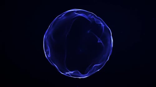 Orbe d'énergie plasmatique bleu classique avec une surface lisse et brillante et un subtil mouvement de maillage numérique en forme de point noir
