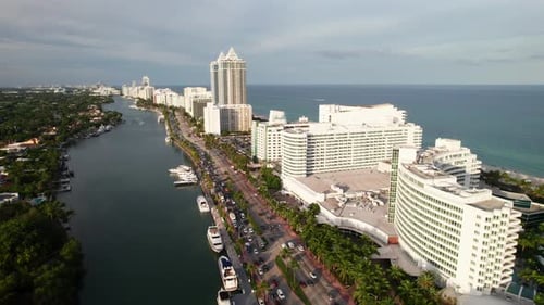 Fontainebleau Hotel, Miami Beach, Florida. 4K aerial shot.