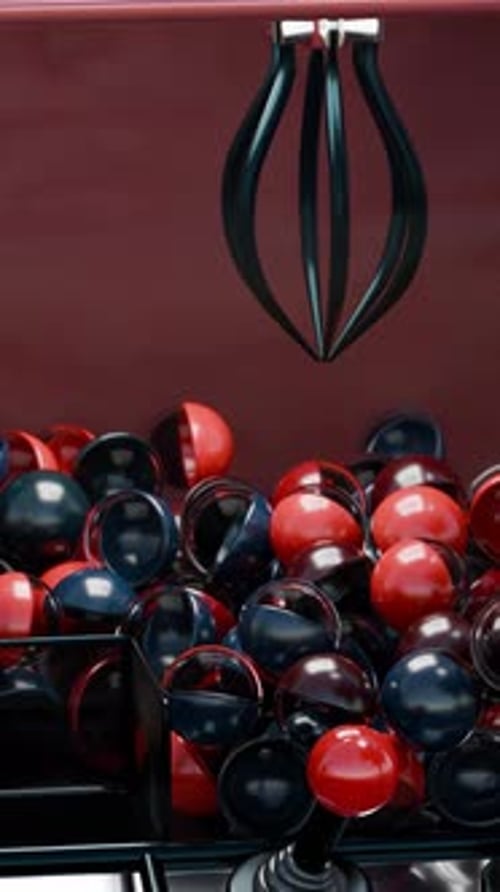 3D Animated Arcade Claw Game with Red and Black Capsules