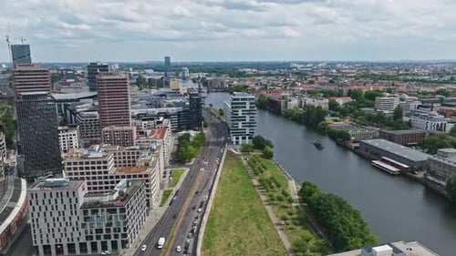 Aerial view of modern buildings on the bank of spree river Berlin, Germany .