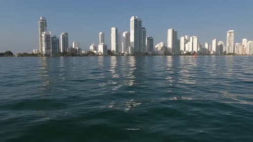Bocagrande Hotels and Apartment Buildings, Cartagena Colombia, View From Moving Boat