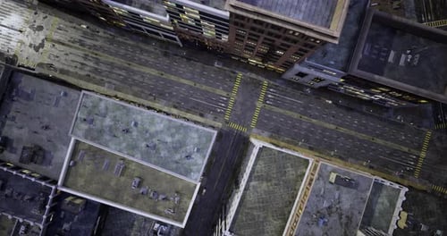 Birds Eye View of a Busy City Street with Intersecting Roads and Buildings