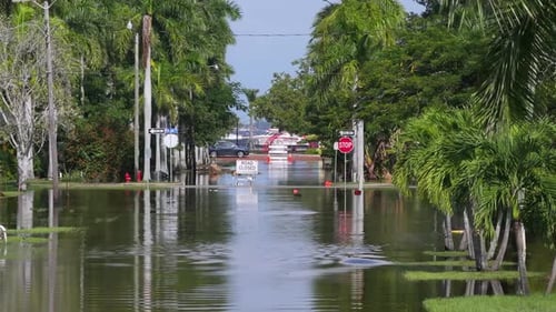 Road Under Water Warning Sign City Street Closed Because of Flooding Danger Blocking Driving of Cars