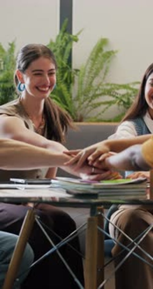 Sales team, hands stack and woman in meeting, success and graphs for profit growth