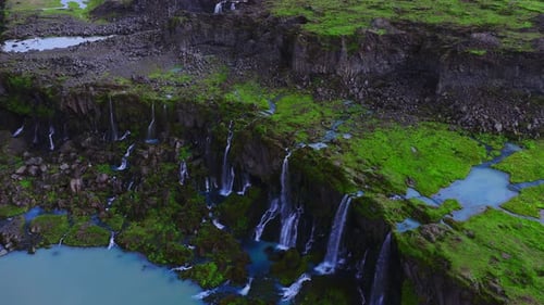 Aerial View of Sigoldugljufur Canyon Waterfalls in Iceland Highlands