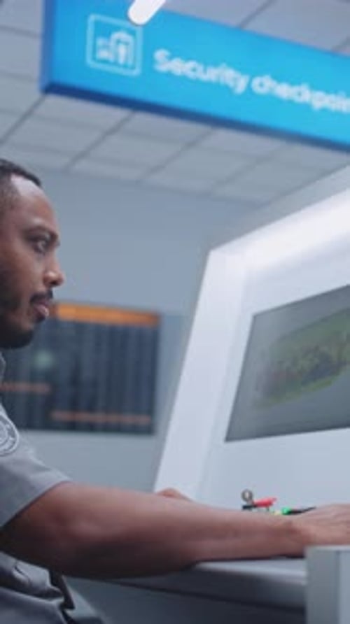 Airport Security Checkpoint Security Officer Monitors Baggage Xray Scanning on Computer Screens