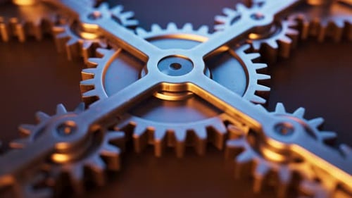 Loop-Animation einer mechanischen Struktur aus Metallzahnrädern.