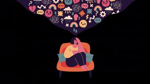 woman with many thoughts in her head, stress, anger, old age, mental problems animation 4k alpha