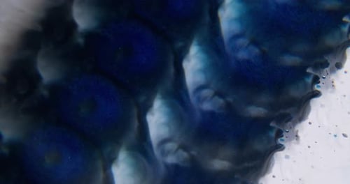 Abstract blue ink drops mixing with white