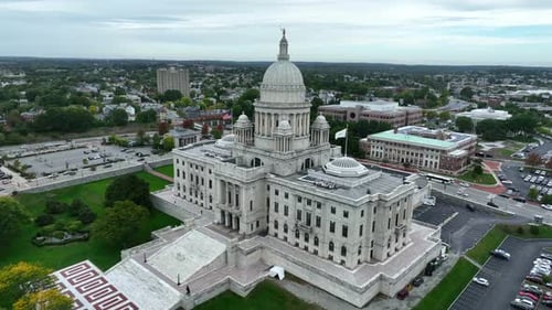 Rotational aerial videography of grand marble Capitol building in Providence, Rhode Island. Georgian