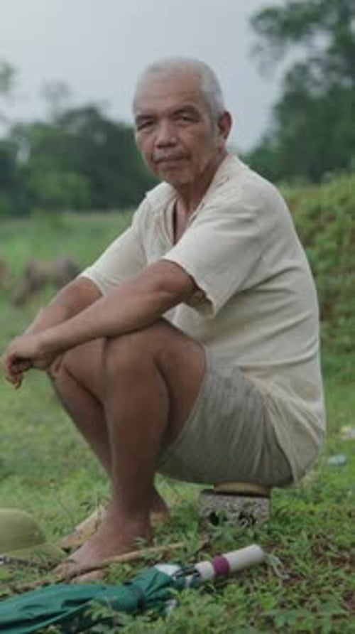 Asian Mature Man with White Hair Sitting on a Small Stone Near Cattle in Vietnam
