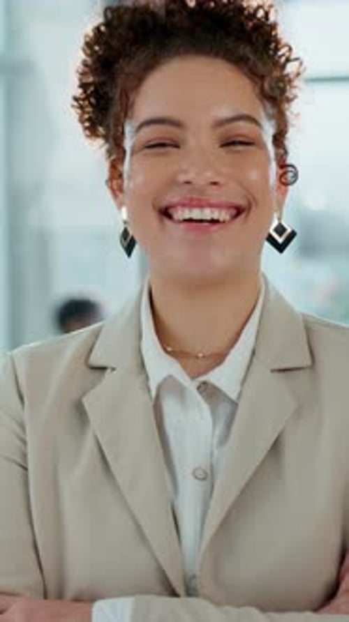 Human resources, face or happy woman with arms crossed in office, confident or talent acquisition