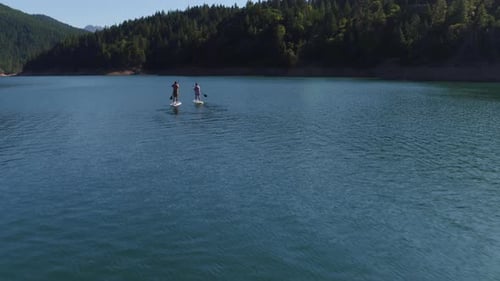 Aerial Drone of Couple Paddling Stand Up Paddle Boards on Lake