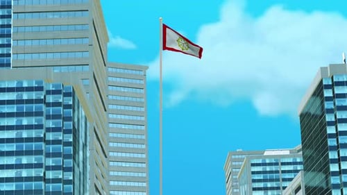 Animation de rendu 3D du drapeau du Sikkim avec architecture urbaine et ciel bleu clair