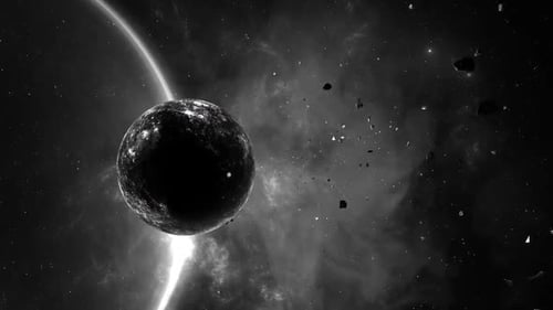 Cinematic Black and White Space Journey with Floating Planet and Asteroids